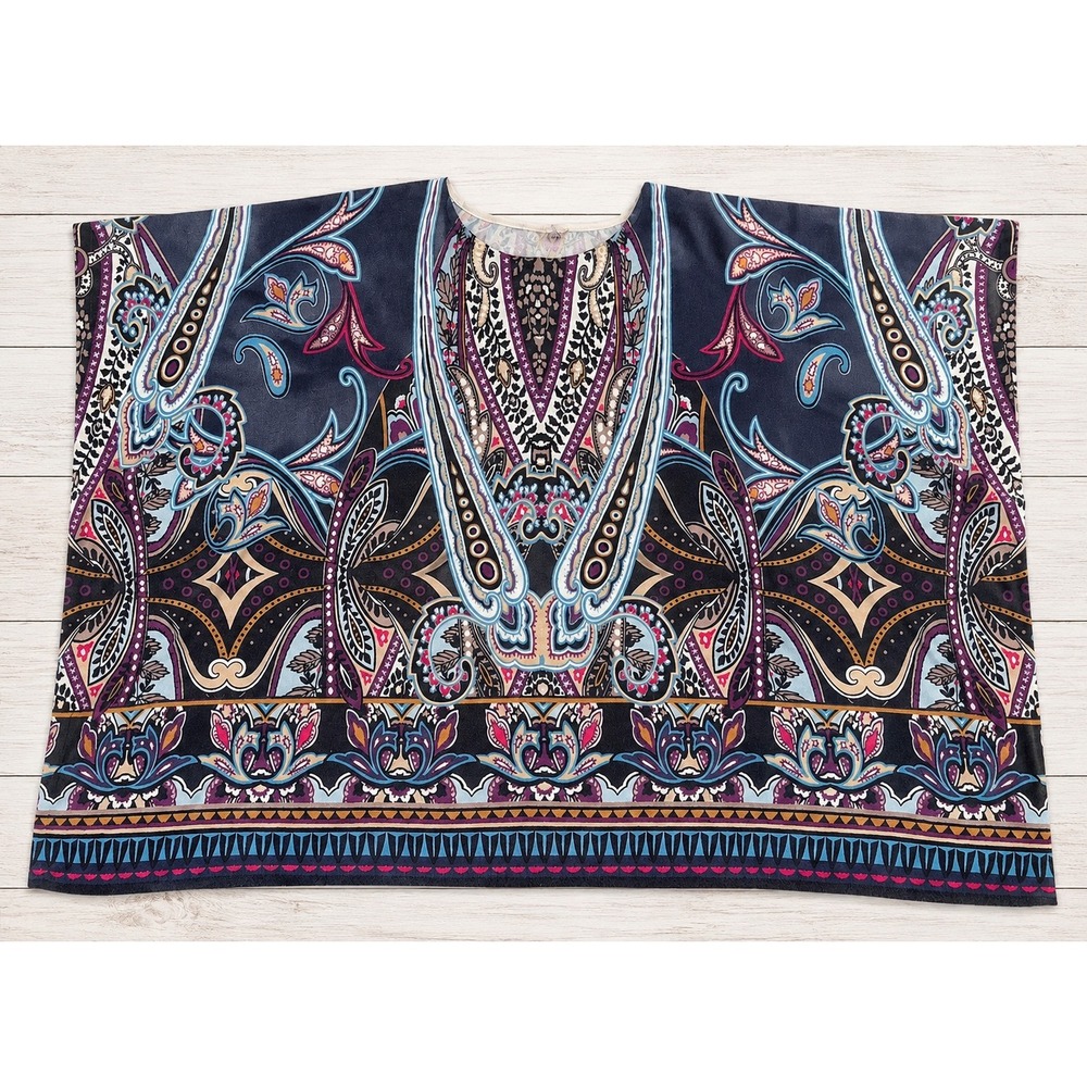 Paisley Poncho Top Kaftan Style Boho Chic Navy Blue Oversized Hippie One Size